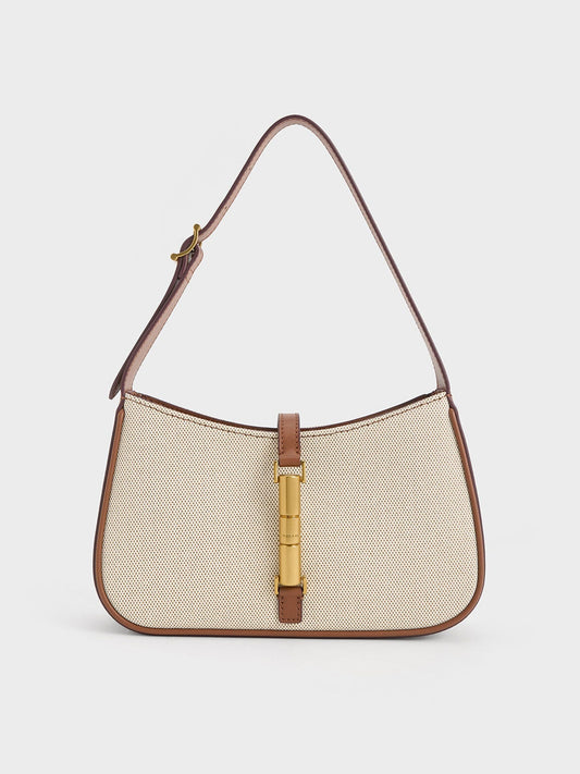 CHARLES & KEITH New | Cesia Canvas Metallic-Accent Shoulder Bag - Chocolate