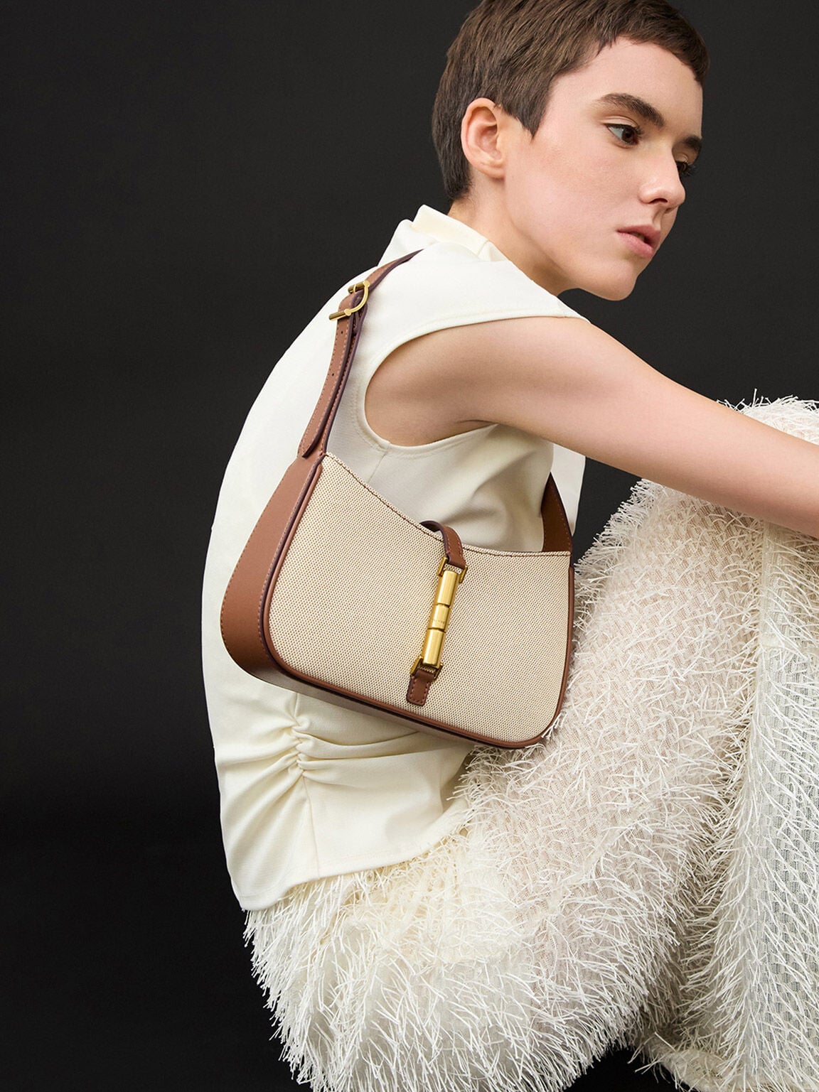 CHARLES & KEITH New | Cesia Canvas Metallic-Accent Shoulder Bag - Chocolate