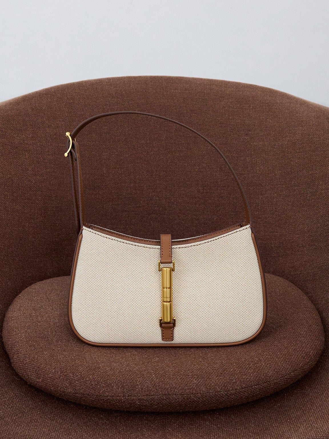 CHARLES & KEITH New | Cesia Canvas Metallic-Accent Shoulder Bag - Chocolate