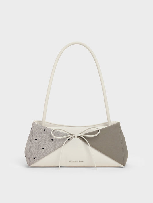 CHARLES & KEITH Latest | Hazel Heart-Print Bow Panelled Shoulder Bag - Taupe