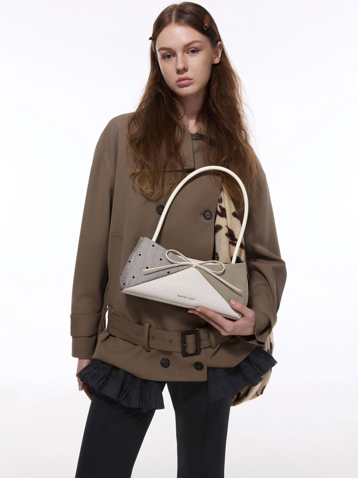 CHARLES & KEITH Latest | Hazel Heart-Print Bow Panelled Shoulder Bag - Taupe