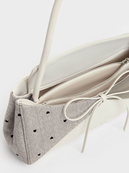 CHARLES & KEITH Latest | Hazel Heart-Print Bow Panelled Shoulder Bag - Taupe