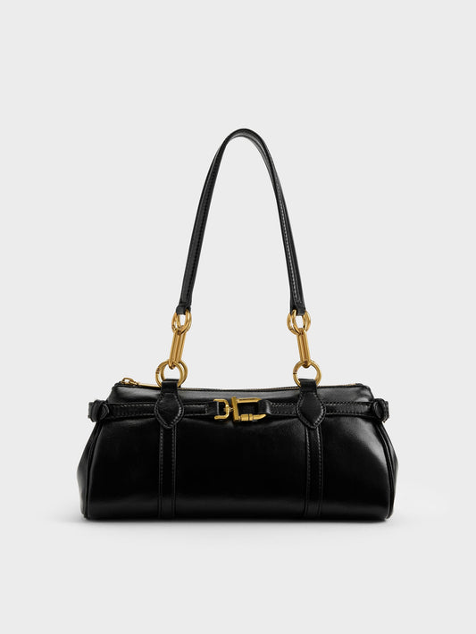 CHARLES & KEITH Essential | Gwynne Metallic-Accent Elongated Shoulder Bag - Black