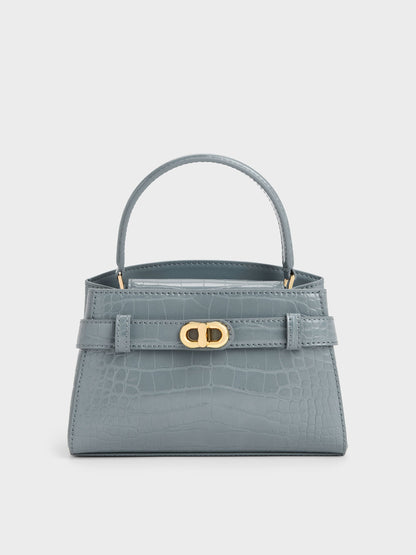 CHARLES & KEITH Featured | Aubrielle Croc-Effect Belted Top Handle Bag - Smoky Blue