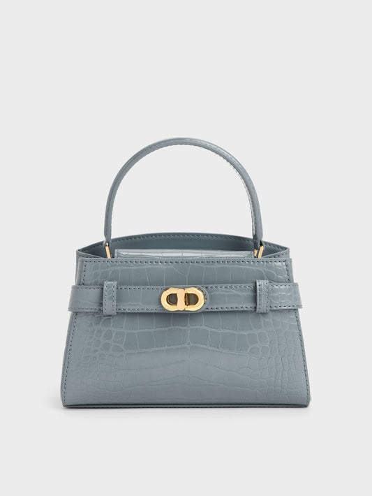 CHARLES & KEITH Featured | Aubrielle Croc-Effect Belted Top Handle Bag - Smoky Blue