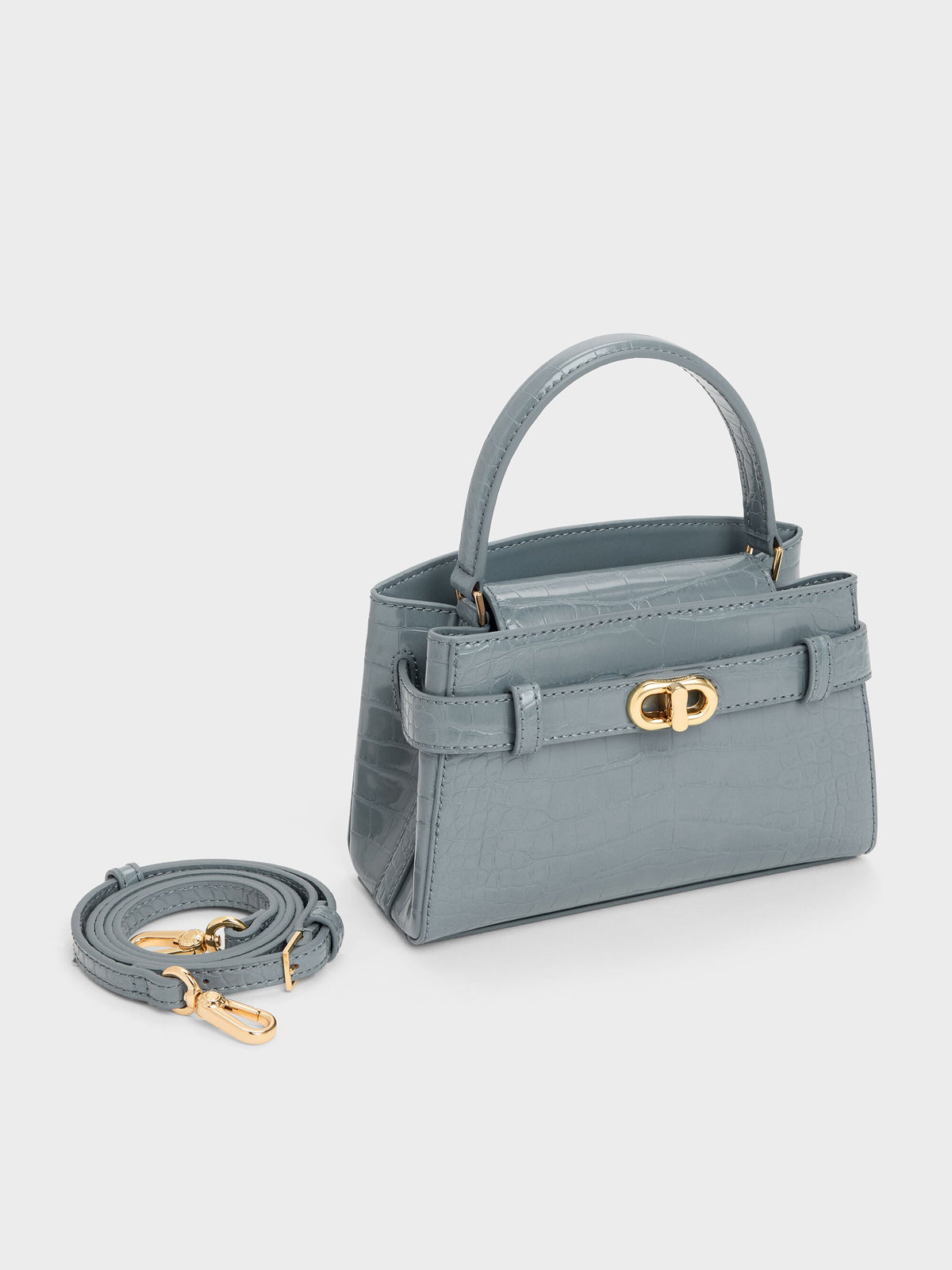 CHARLES & KEITH Featured | Aubrielle Croc-Effect Belted Top Handle Bag - Smoky Blue