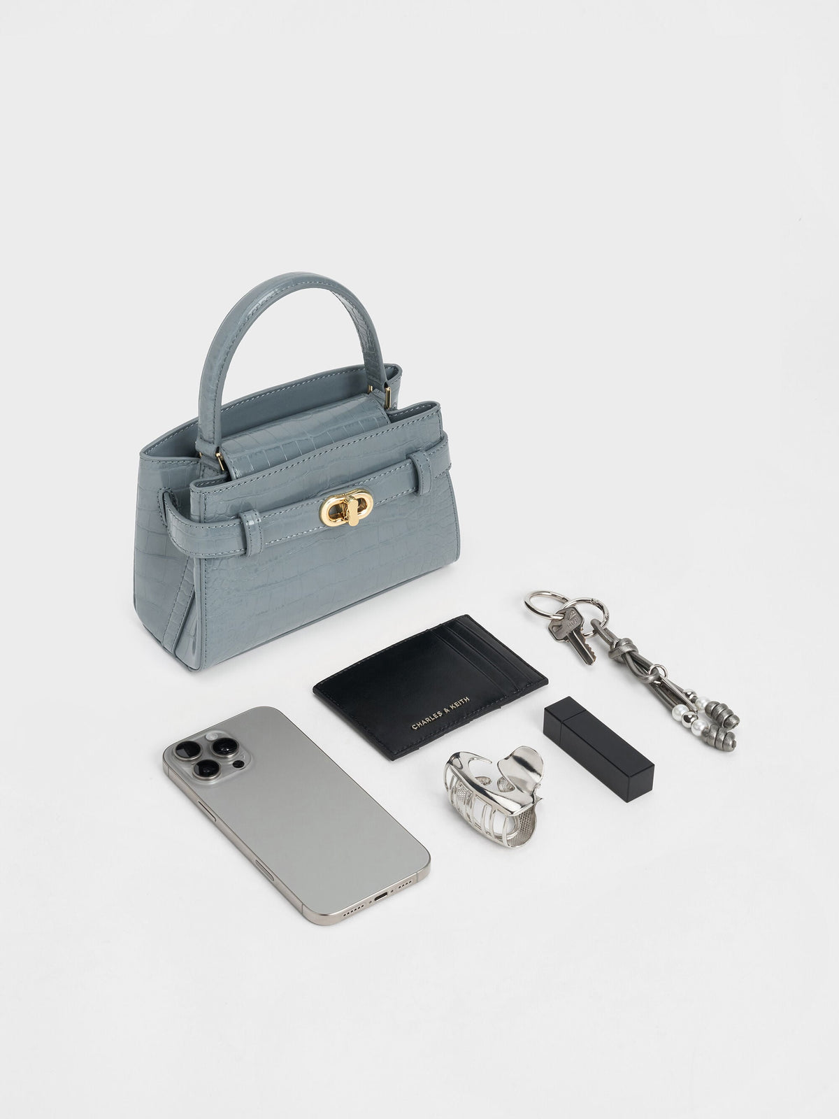 CHARLES & KEITH Featured | Aubrielle Croc-Effect Belted Top Handle Bag - Smoky Blue