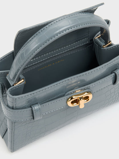 CHARLES & KEITH Featured | Aubrielle Croc-Effect Belted Top Handle Bag - Smoky Blue