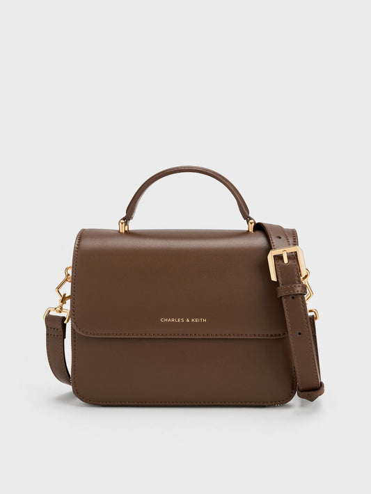 CHARLES & KEITH Classic | Octavia Front Flap Top Handle Bag - Dark Brown