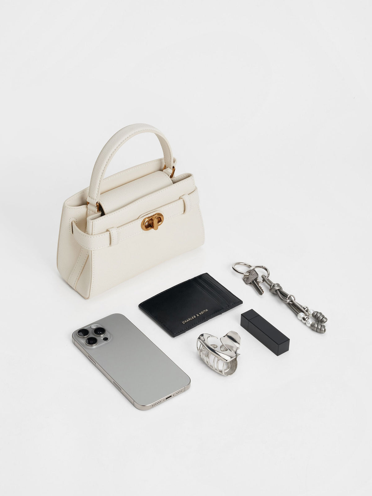 CHARLES & KEITH Classic | Aubrielle Belted Top Handle Bag - Cream