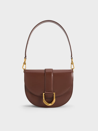 CHARLES & KEITH Essential | Gabine Leather Saddle Bag - Dark Brown
