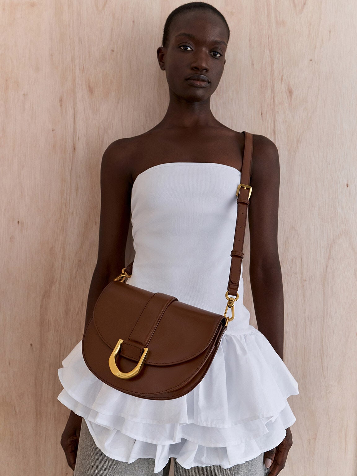 CHARLES & KEITH Essential | Gabine Leather Saddle Bag - Dark Brown