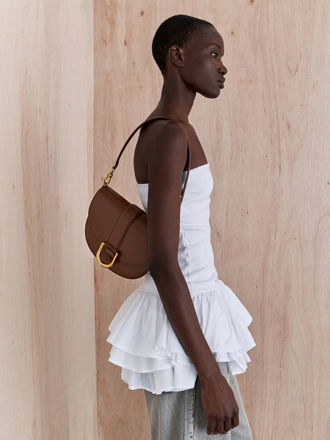 CHARLES & KEITH Essential | Gabine Leather Saddle Bag - Dark Brown