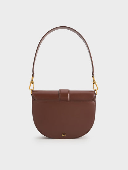 CHARLES & KEITH Essential | Gabine Leather Saddle Bag - Dark Brown
