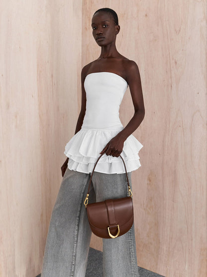 CHARLES & KEITH Essential | Gabine Leather Saddle Bag - Dark Brown