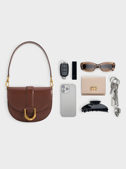 CHARLES & KEITH Essential | Gabine Leather Saddle Bag - Dark Brown