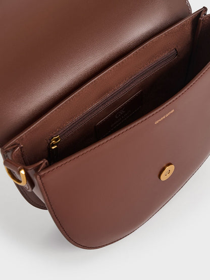 CHARLES & KEITH Essential | Gabine Leather Saddle Bag - Dark Brown