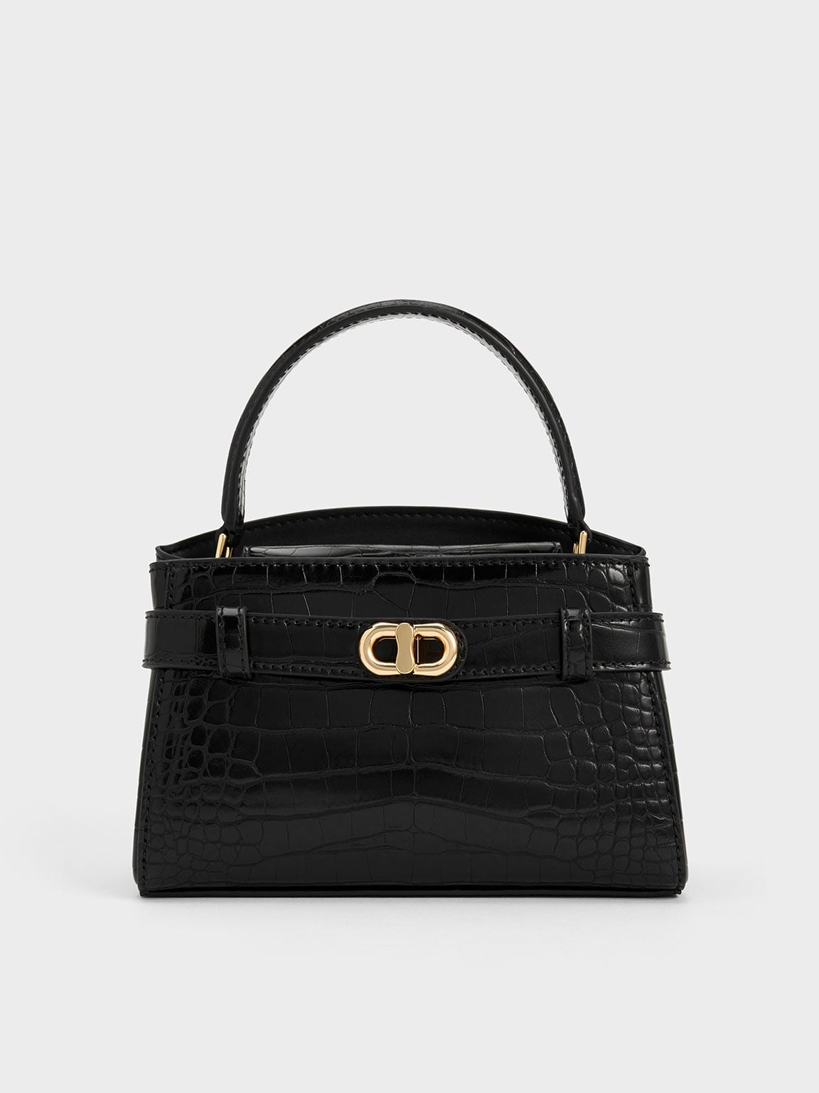 CHARLES & KEITH Signature | Aubrielle Croc-Effect Belted Top Handle Bag - Black