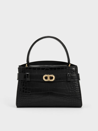 CHARLES & KEITH Signature | Aubrielle Croc-Effect Belted Top Handle Bag - Black
