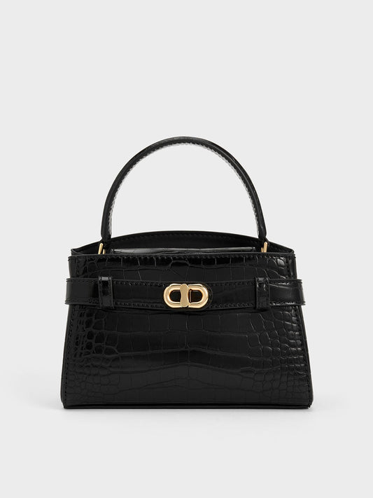 CHARLES & KEITH Signature | Aubrielle Croc-Effect Belted Top Handle Bag - Black