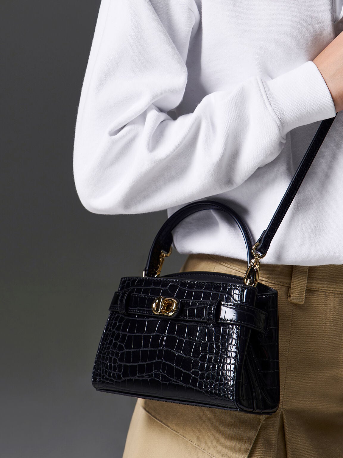 CHARLES & KEITH Signature | Aubrielle Croc-Effect Belted Top Handle Bag - Black