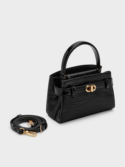 CHARLES & KEITH Signature | Aubrielle Croc-Effect Belted Top Handle Bag - Black