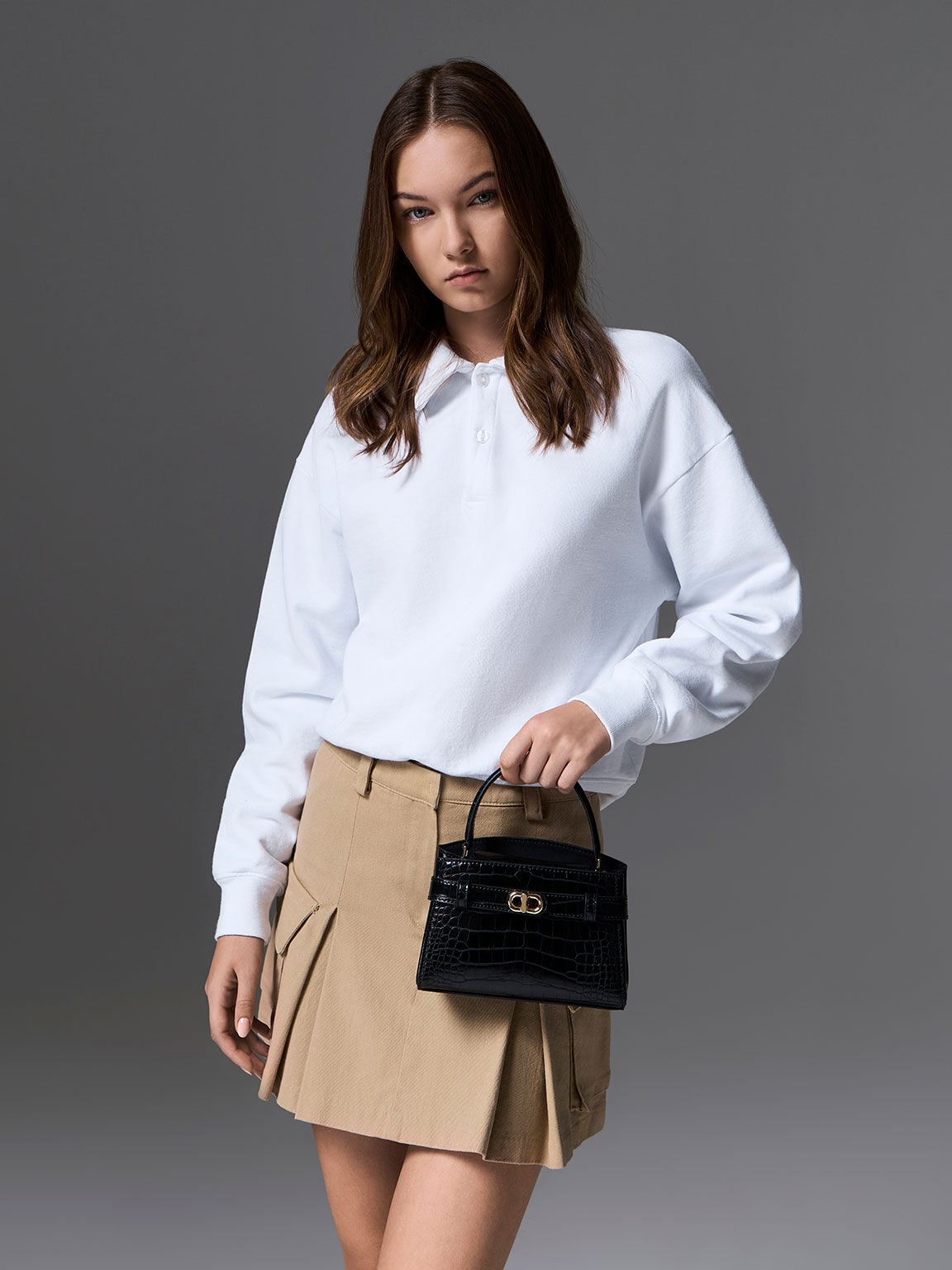 CHARLES & KEITH Signature | Aubrielle Croc-Effect Belted Top Handle Bag - Black