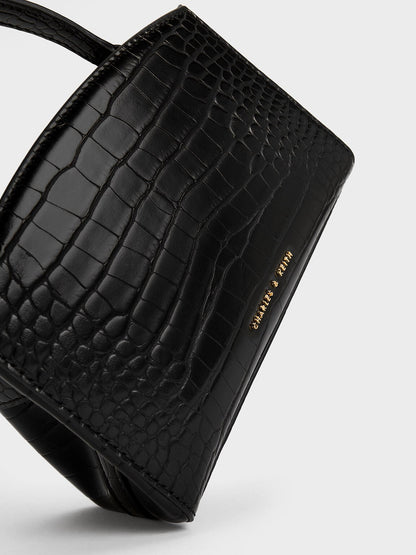 CHARLES & KEITH Signature | Aubrielle Croc-Effect Belted Top Handle Bag - Black