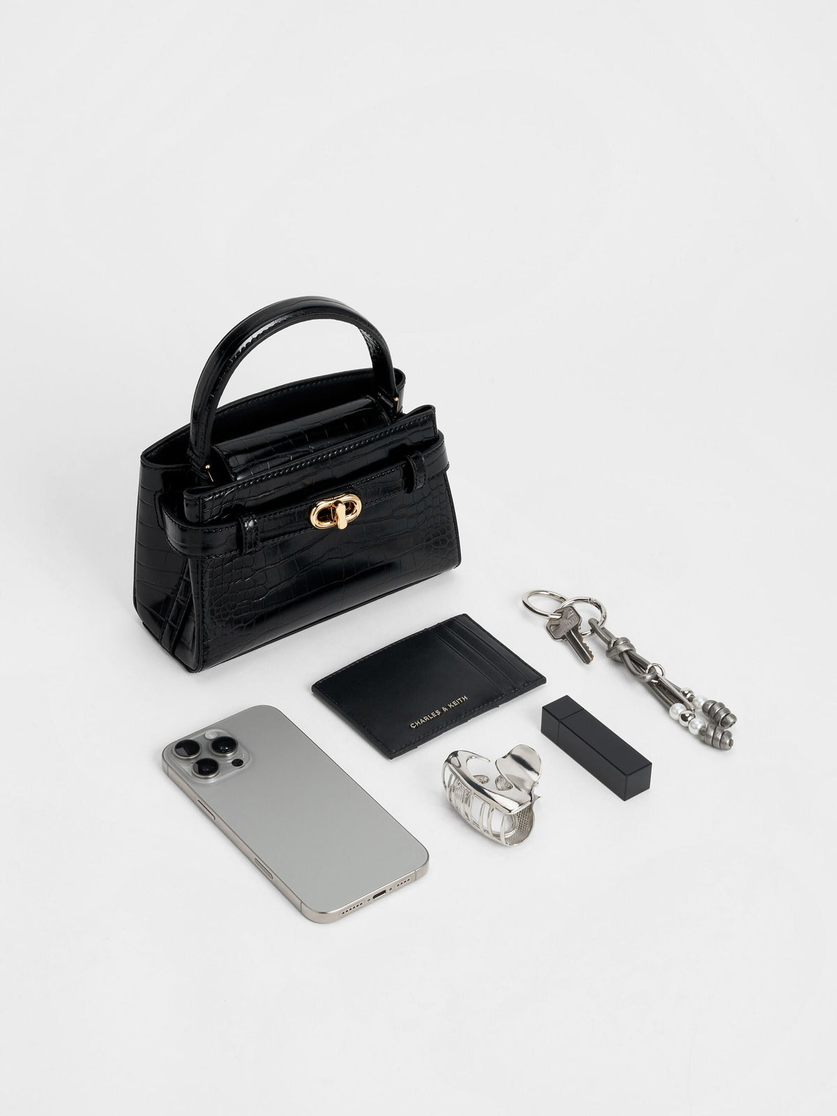 CHARLES & KEITH Signature | Aubrielle Croc-Effect Belted Top Handle Bag - Black