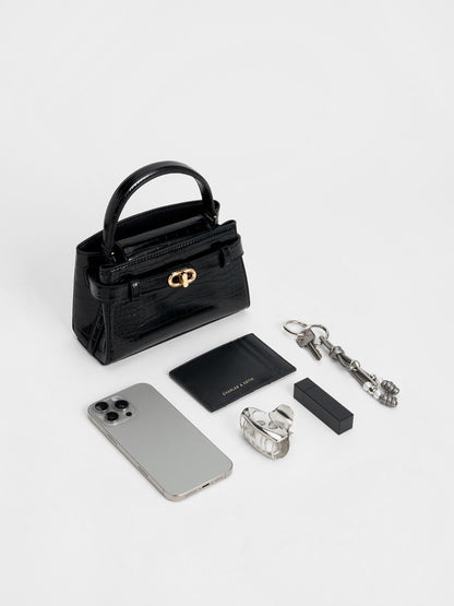 CHARLES & KEITH Signature | Aubrielle Croc-Effect Belted Top Handle Bag - Black