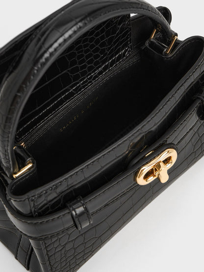 CHARLES & KEITH Signature | Aubrielle Croc-Effect Belted Top Handle Bag - Black