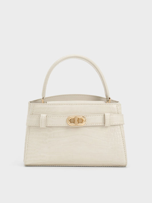 CHARLES & KEITH Popular | Aubrielle Croc-Effect Belted Top Handle Bag - Ivory