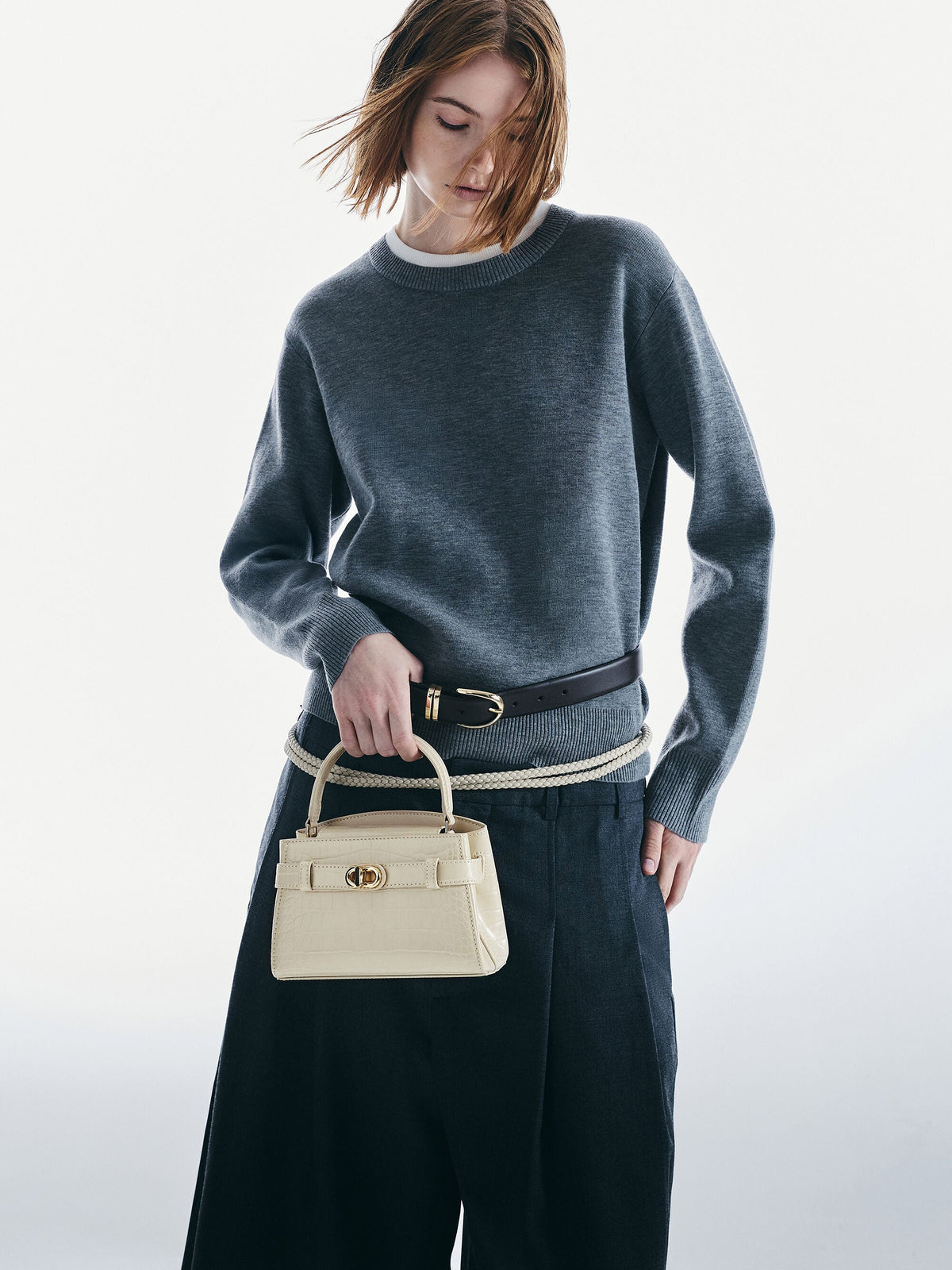 CHARLES & KEITH Popular | Aubrielle Croc-Effect Belted Top Handle Bag - Ivory