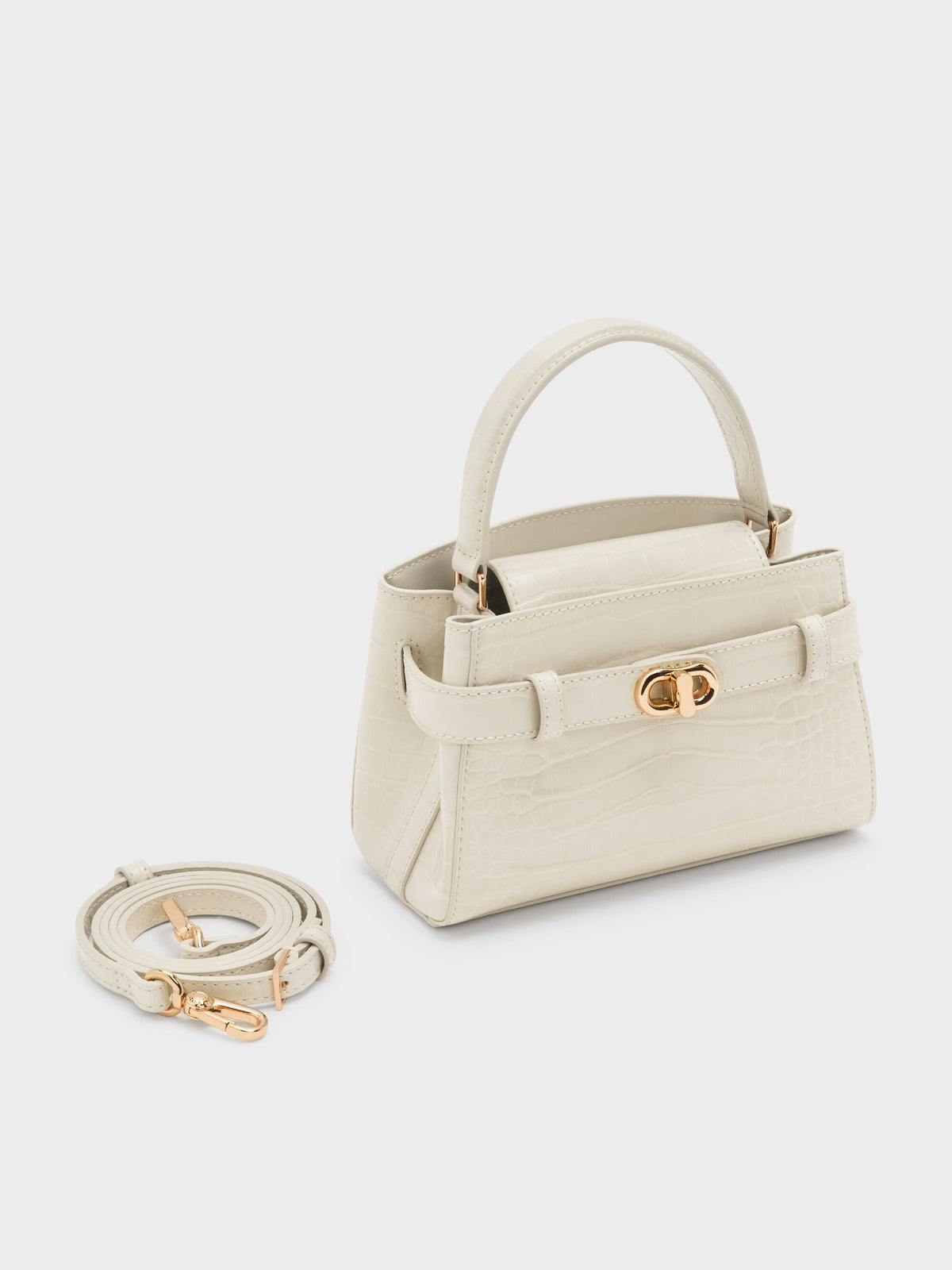 CHARLES & KEITH Popular | Aubrielle Croc-Effect Belted Top Handle Bag - Ivory