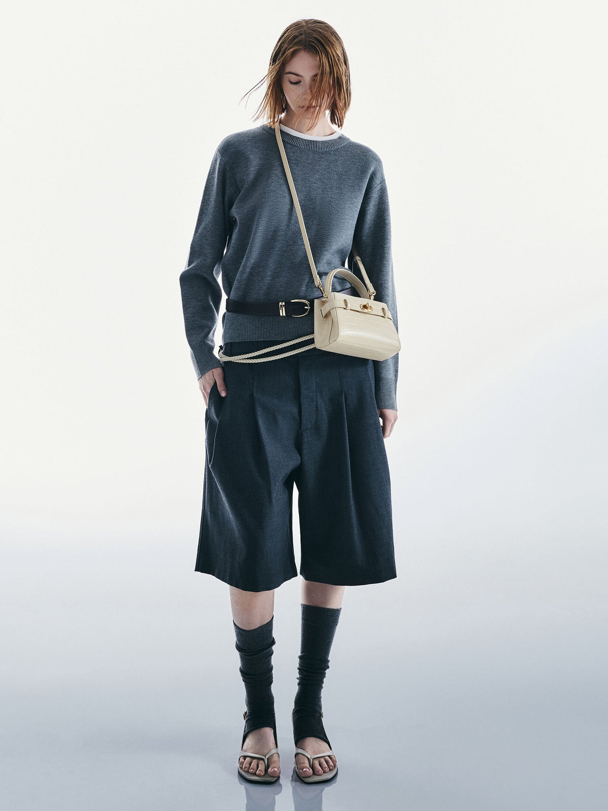 CHARLES & KEITH Popular | Aubrielle Croc-Effect Belted Top Handle Bag - Ivory