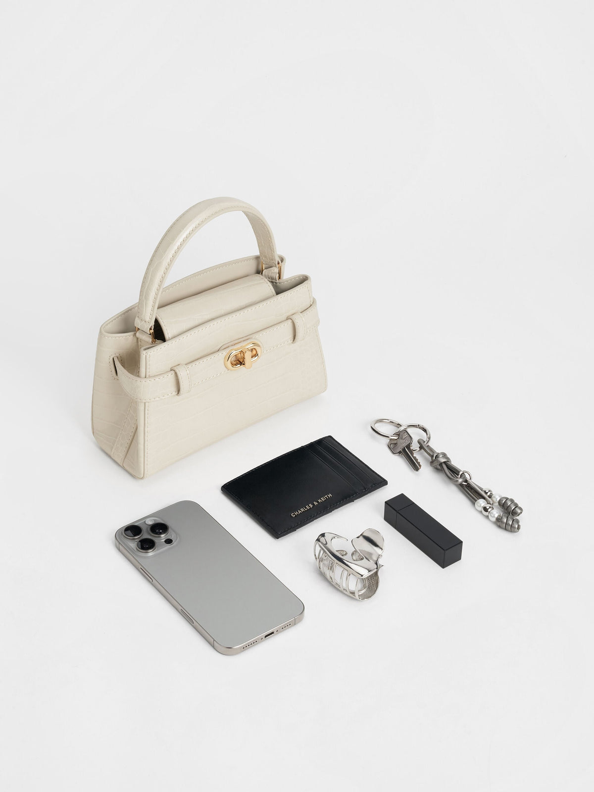 CHARLES & KEITH Popular | Aubrielle Croc-Effect Belted Top Handle Bag - Ivory
