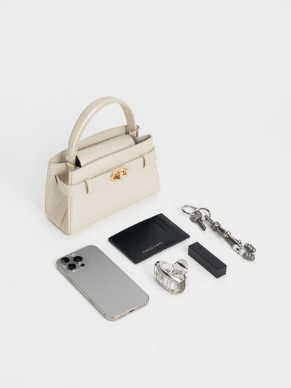 CHARLES & KEITH Popular | Aubrielle Croc-Effect Belted Top Handle Bag - Ivory