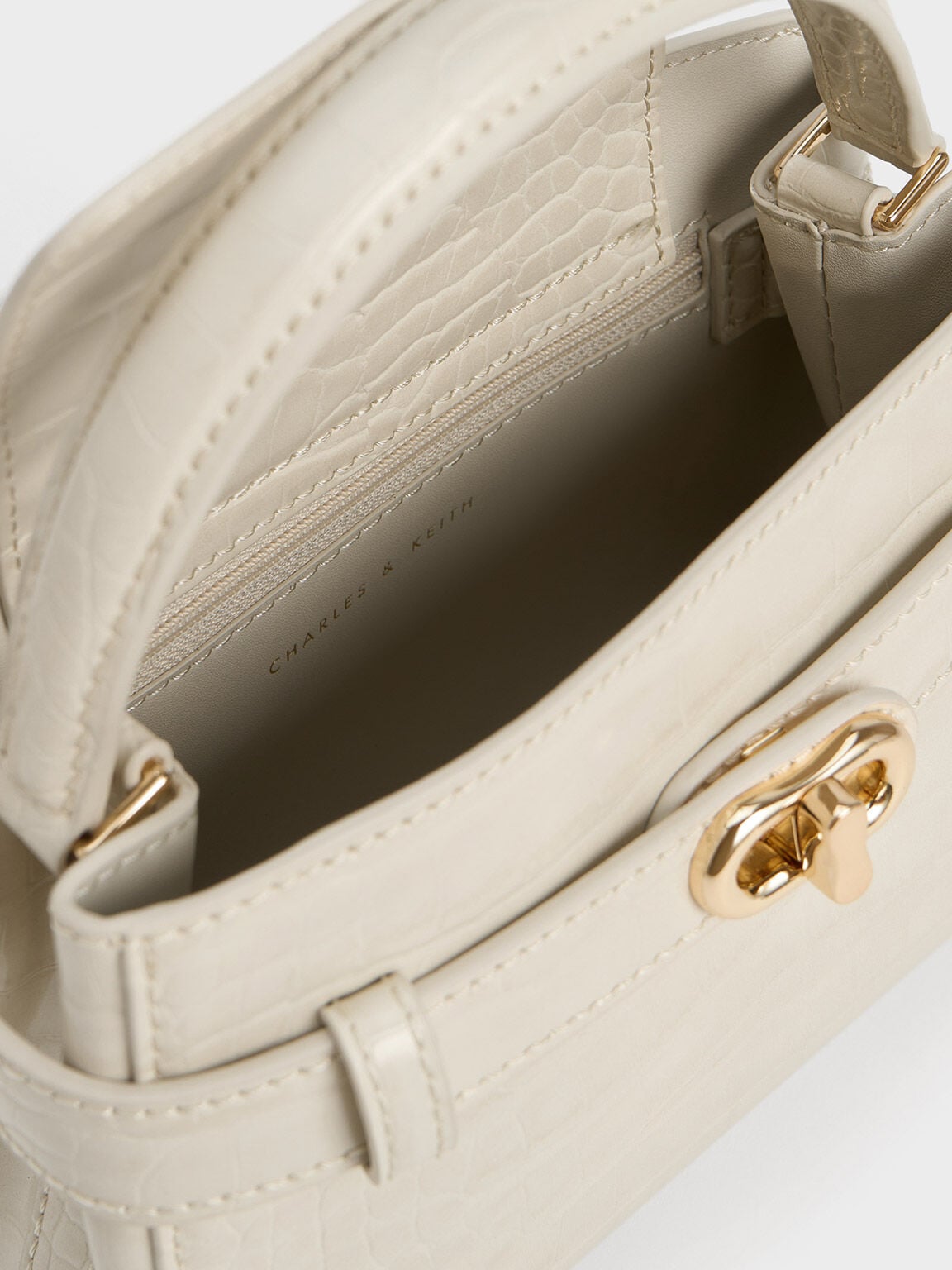 CHARLES & KEITH Popular | Aubrielle Croc-Effect Belted Top Handle Bag - Ivory