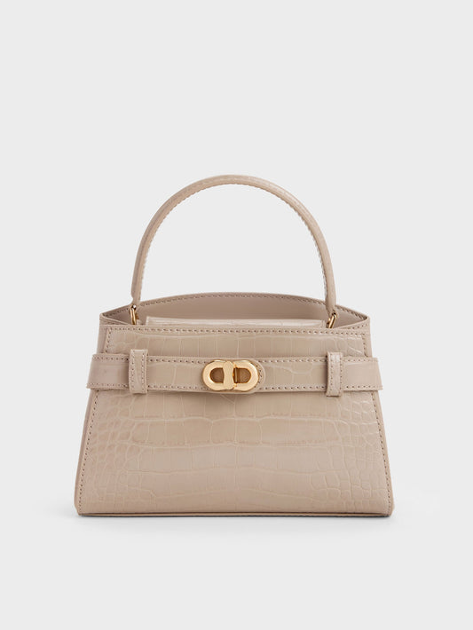 CHARLES & KEITH Value | Aubrielle Croc-Effect Belted Top Handle Bag - Taupe
