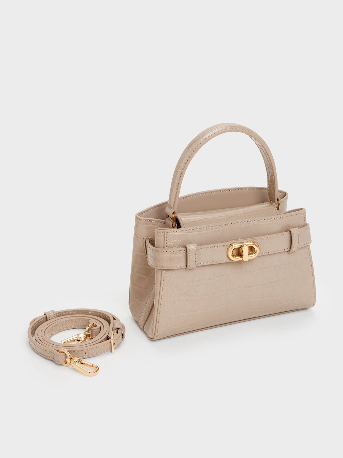 CHARLES & KEITH Value | Aubrielle Croc-Effect Belted Top Handle Bag - Taupe