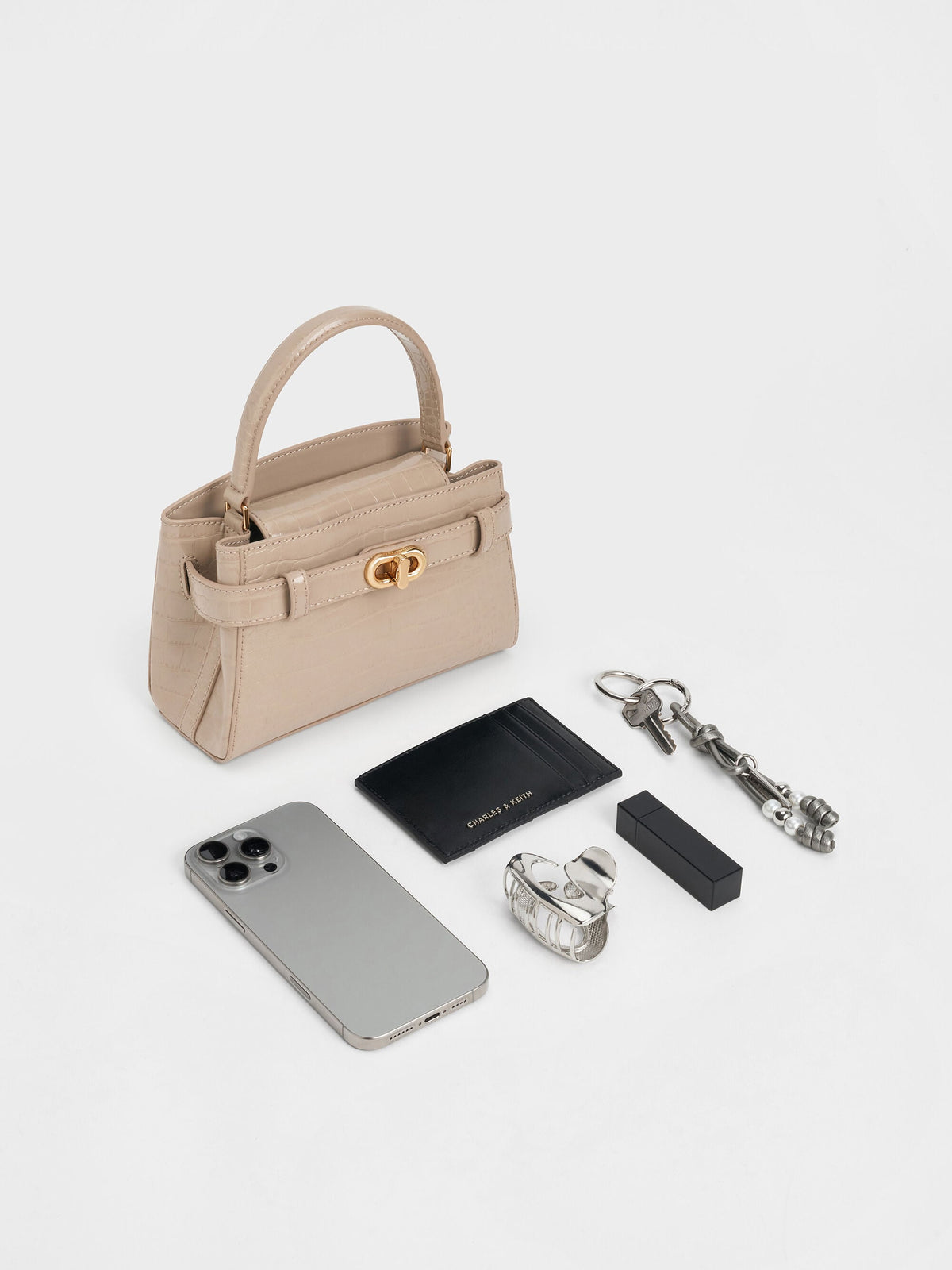 CHARLES & KEITH Value | Aubrielle Croc-Effect Belted Top Handle Bag - Taupe