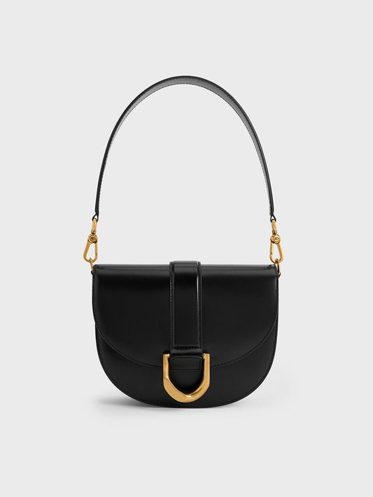 CHARLES & KEITH Signature | Gabine Leather Saddle Bag - Black