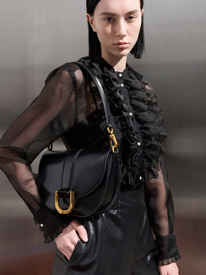 CHARLES & KEITH Signature | Gabine Leather Saddle Bag - Black