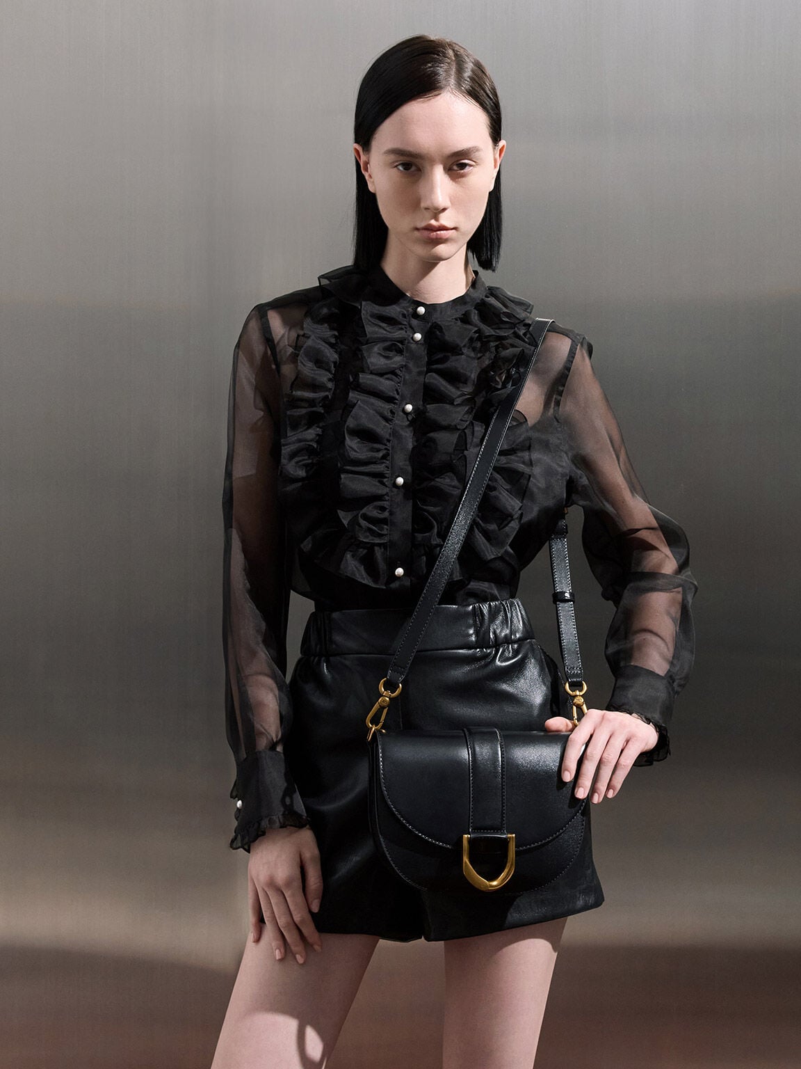 CHARLES & KEITH Signature | Gabine Leather Saddle Bag - Black