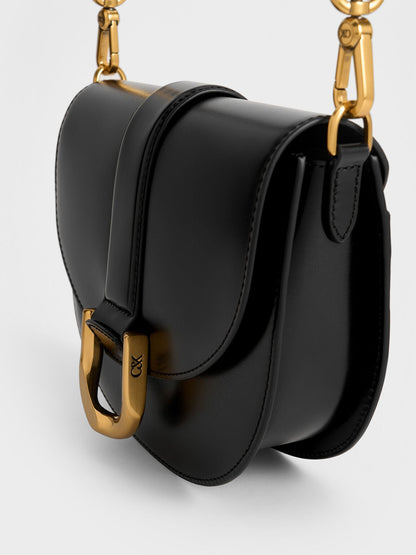CHARLES & KEITH Signature | Gabine Leather Saddle Bag - Black