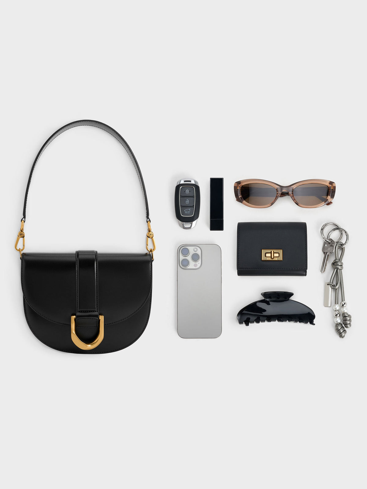 CHARLES & KEITH Signature | Gabine Leather Saddle Bag - Black