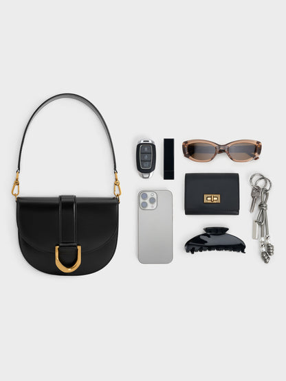CHARLES & KEITH Signature | Gabine Leather Saddle Bag - Black