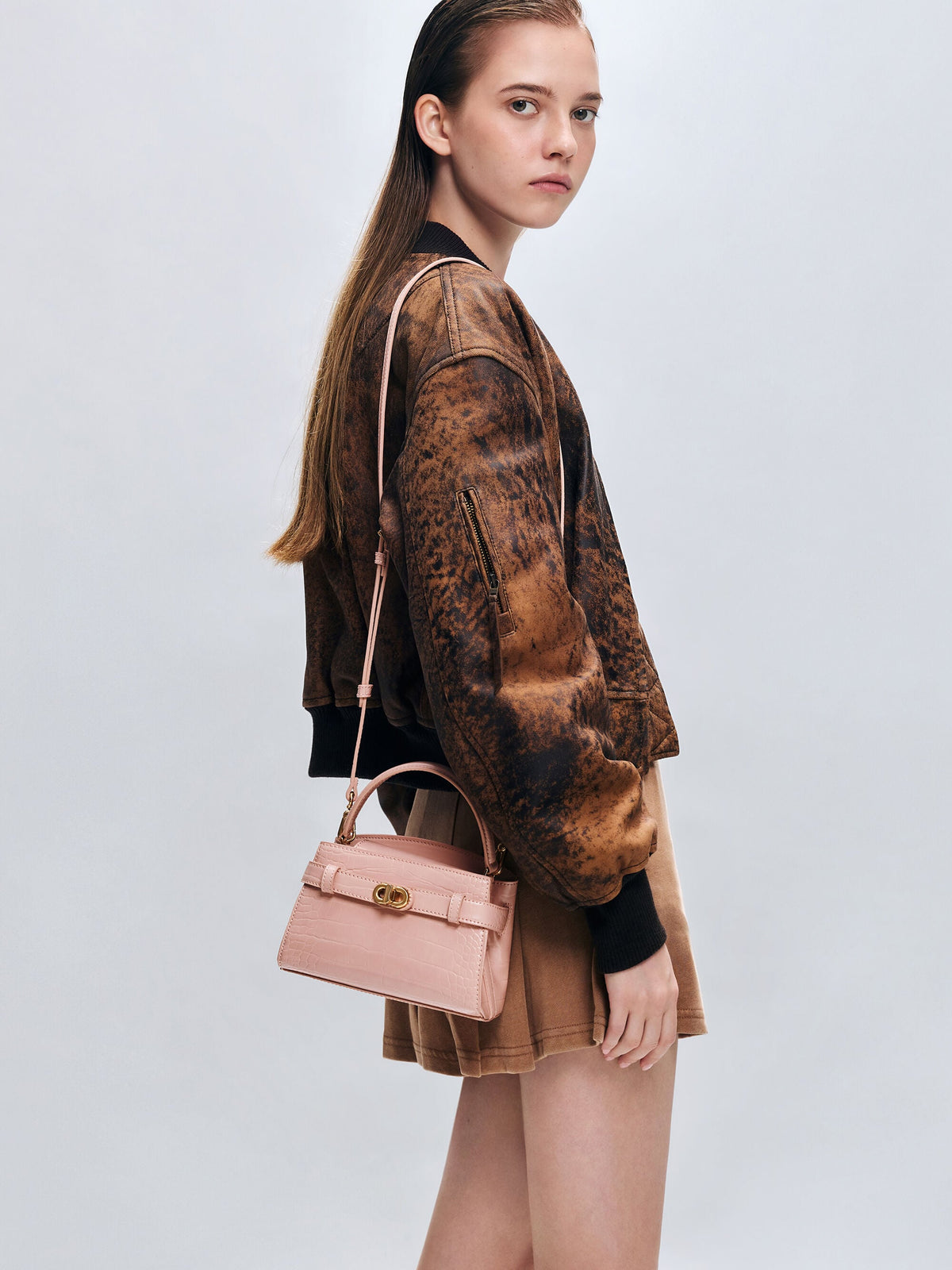 CHARLES & KEITH Featured | Aubrielle Croc-Effect Belted Top Handle Bag - Light Pink