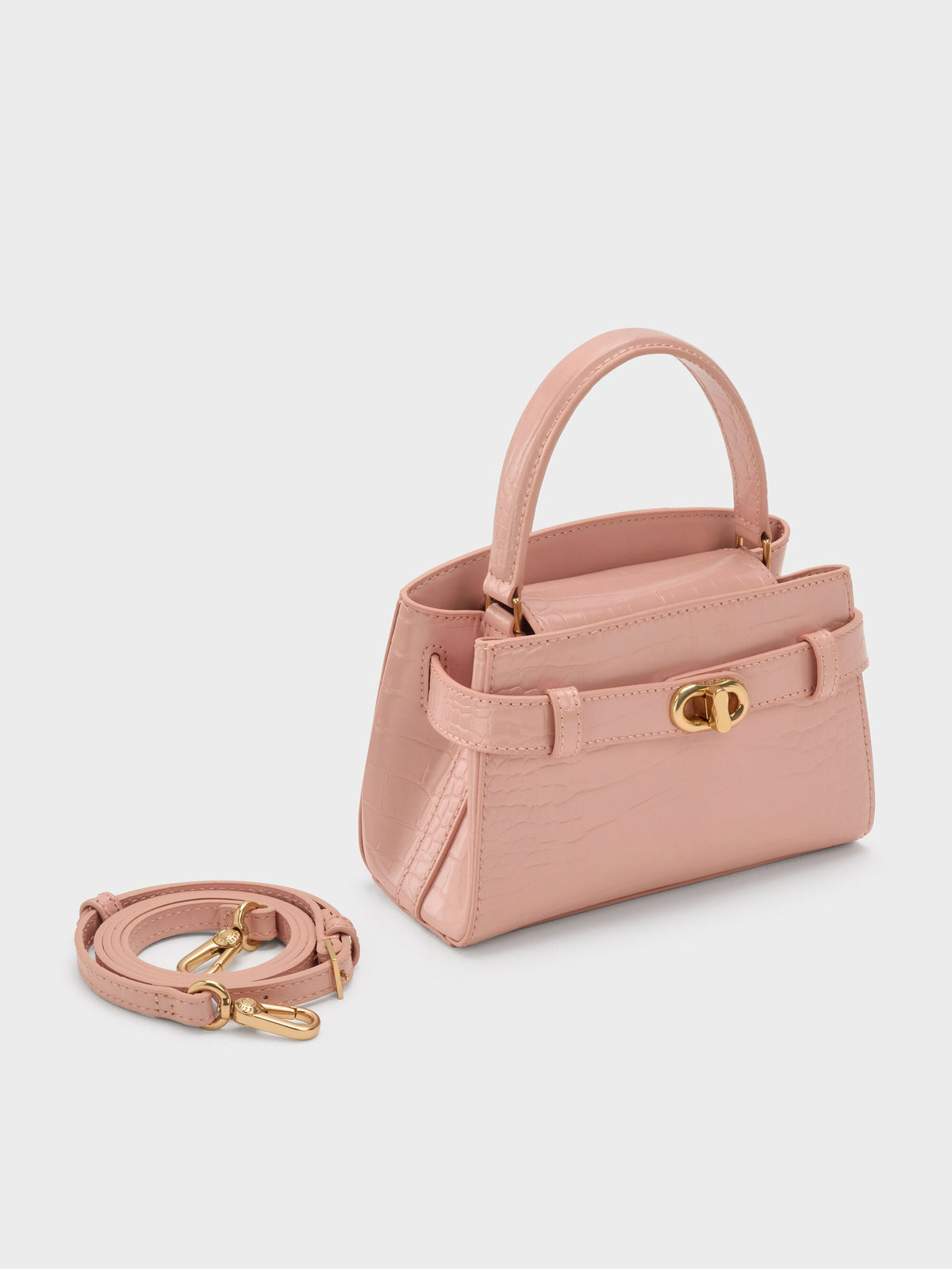 CHARLES & KEITH Featured | Aubrielle Croc-Effect Belted Top Handle Bag - Light Pink