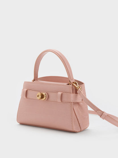 CHARLES & KEITH Featured | Aubrielle Croc-Effect Belted Top Handle Bag - Light Pink